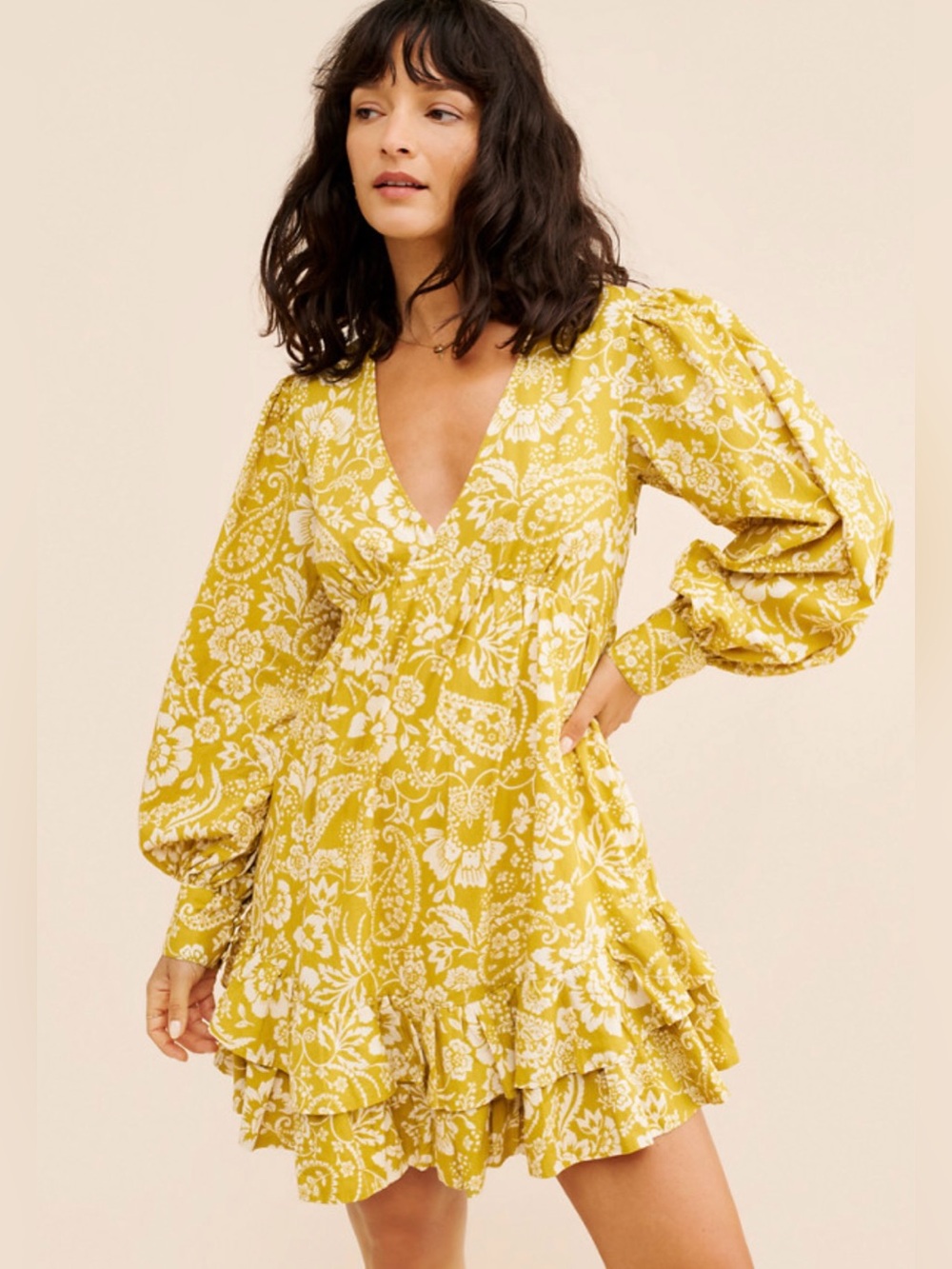 Anthropologie Yellow & White Floral V-Neck Ruffle Mini Dress